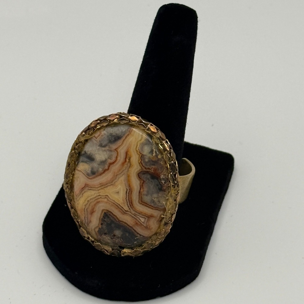Vintage Banded Agate Adjustable Statement Ring Oval Natural Stone Boho Artisan